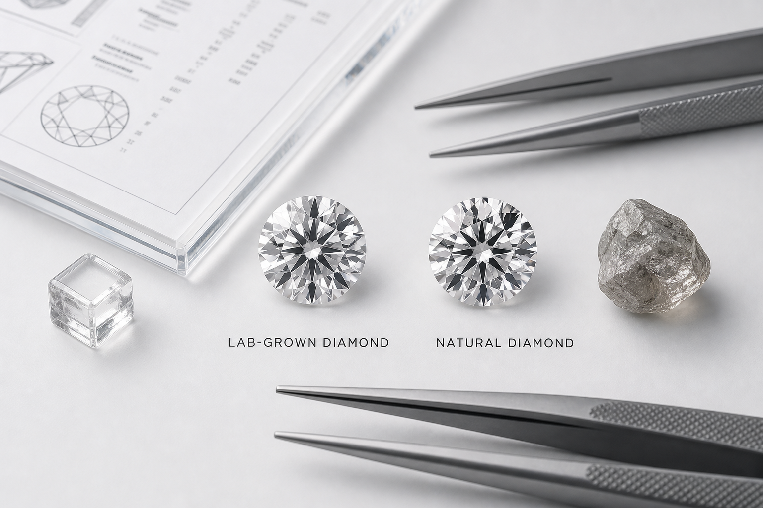 Side-by-side comparison of two round brilliant diamonds under similar lighting, one lab-grown and one natural, showing that visual performance depends on cut and quality rather than origin alone