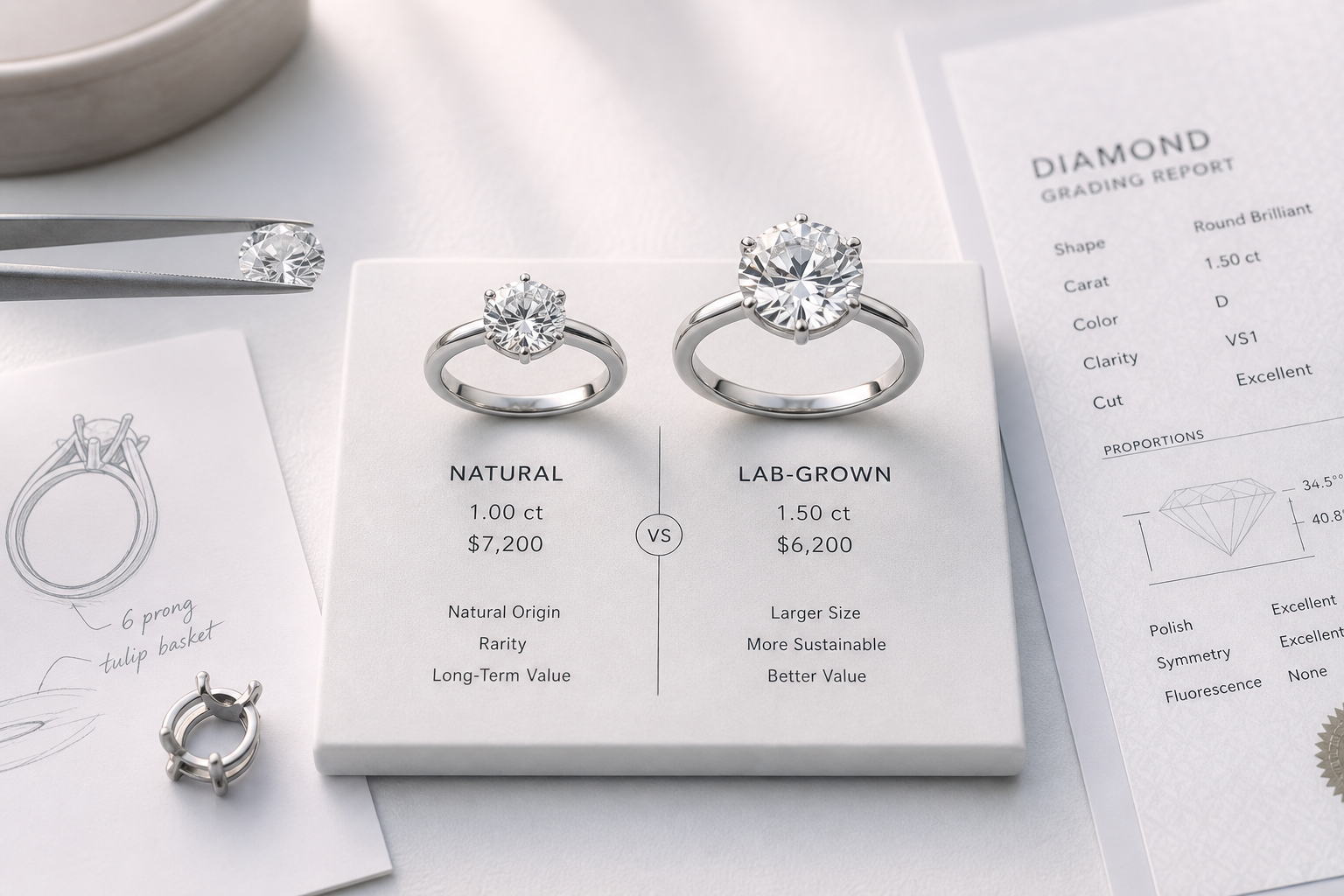 Engagement ring decision scene showing two design paths: a smaller natural diamond ring and a larger lab-grown diamond ring with similar setting style, emphasizing personal tradeoffs rather than visual superiority