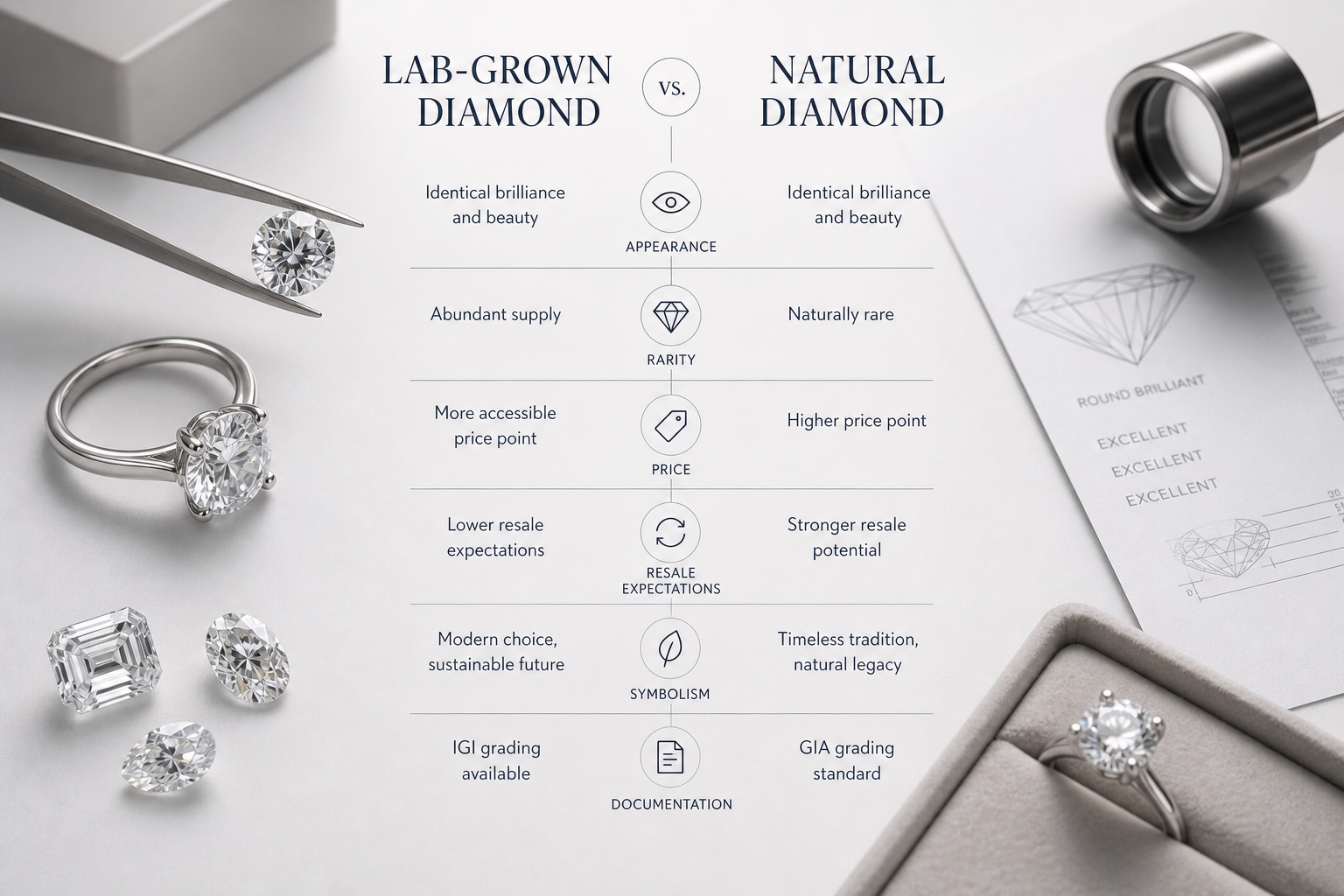 Simple decision framework graphic comparing lab-grown and natural diamonds across appearance, rarity, price, resale expectations, symbolism, and documentation