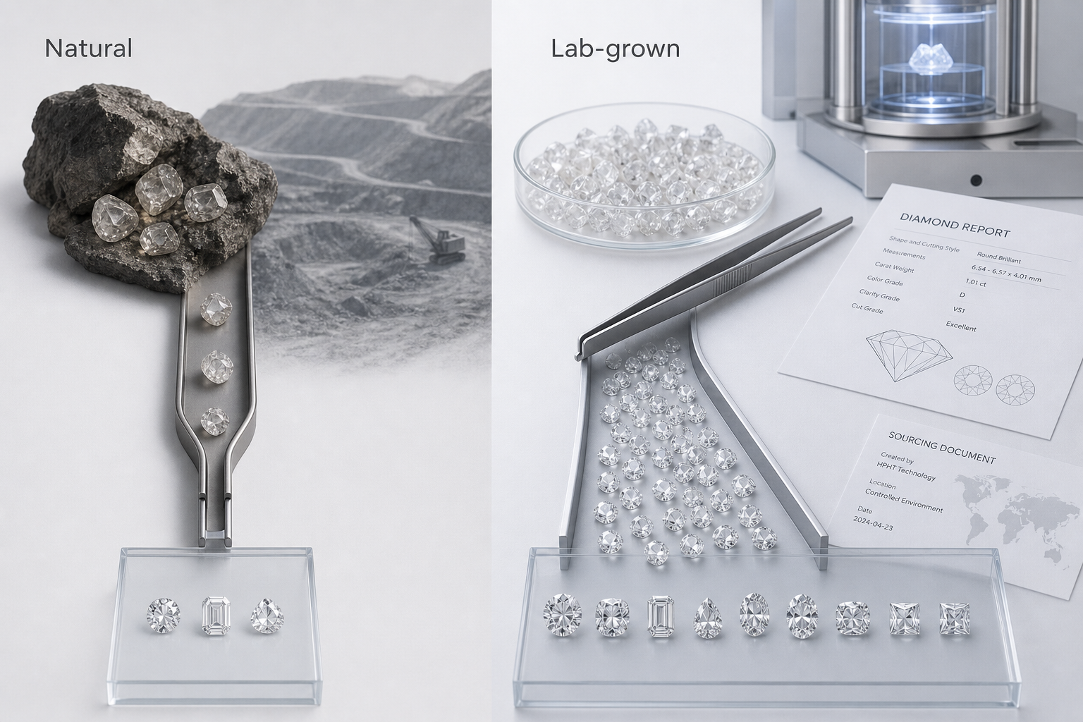 Side-by-side visual showing natural diamond supply as a limited mining pipeline and lab-grown diamond supply as a scalable production pipeline