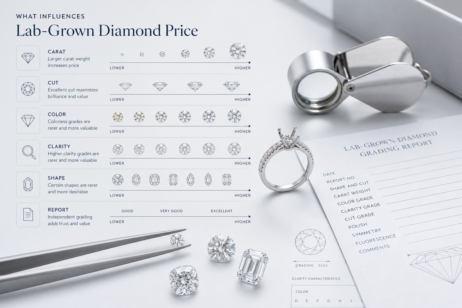 Comparison chart showing how carat, cut, color, clarity, shape, and report quality influence lab-grown diamond price