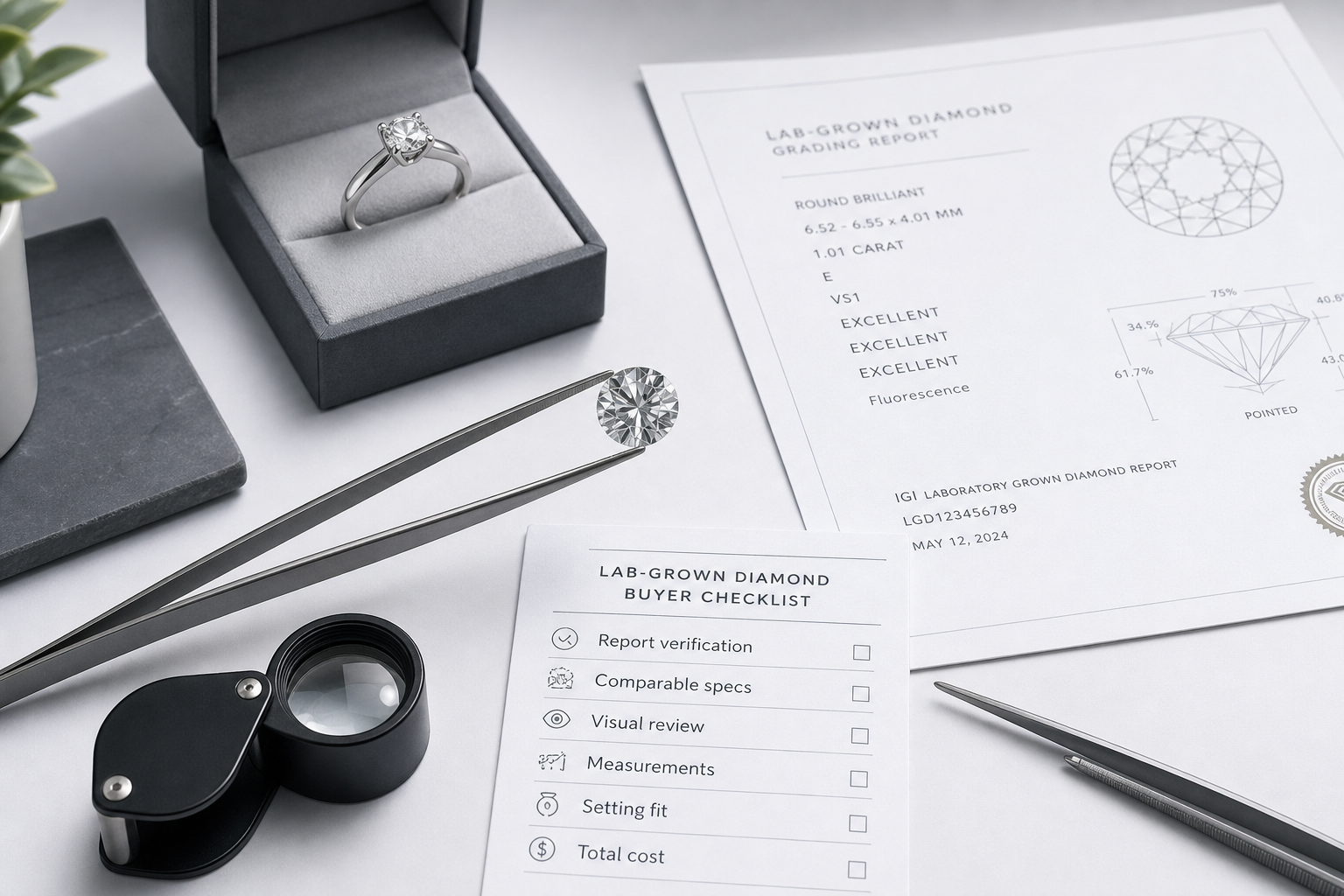 Buyer checklist showing report verification, comparable specs, visual review, measurements, setting fit, and total cost