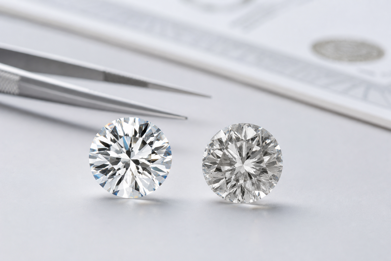 Side-by-side visual comparison of two round diamonds with similar origin information hidden, showing one well-cut bright diamond and one duller poorly cut diamond under the same lighting