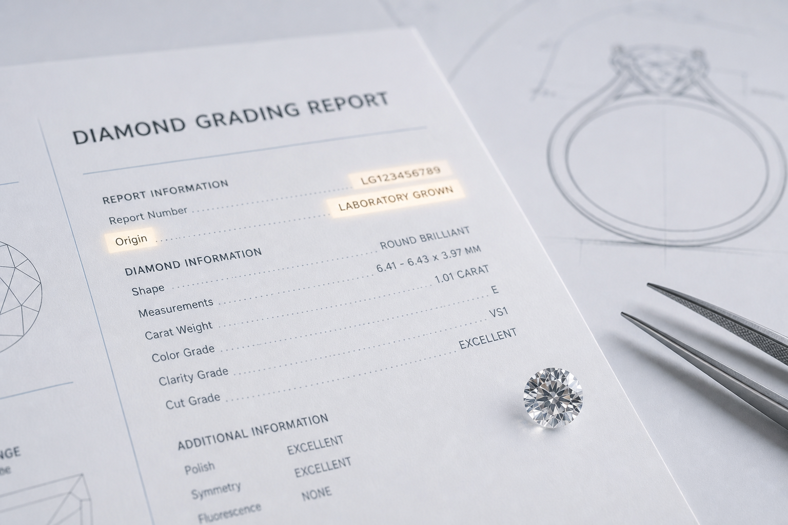 Close-up concept image of a diamond grading report beside a loose diamond, with the report origin field and report number visually emphasized