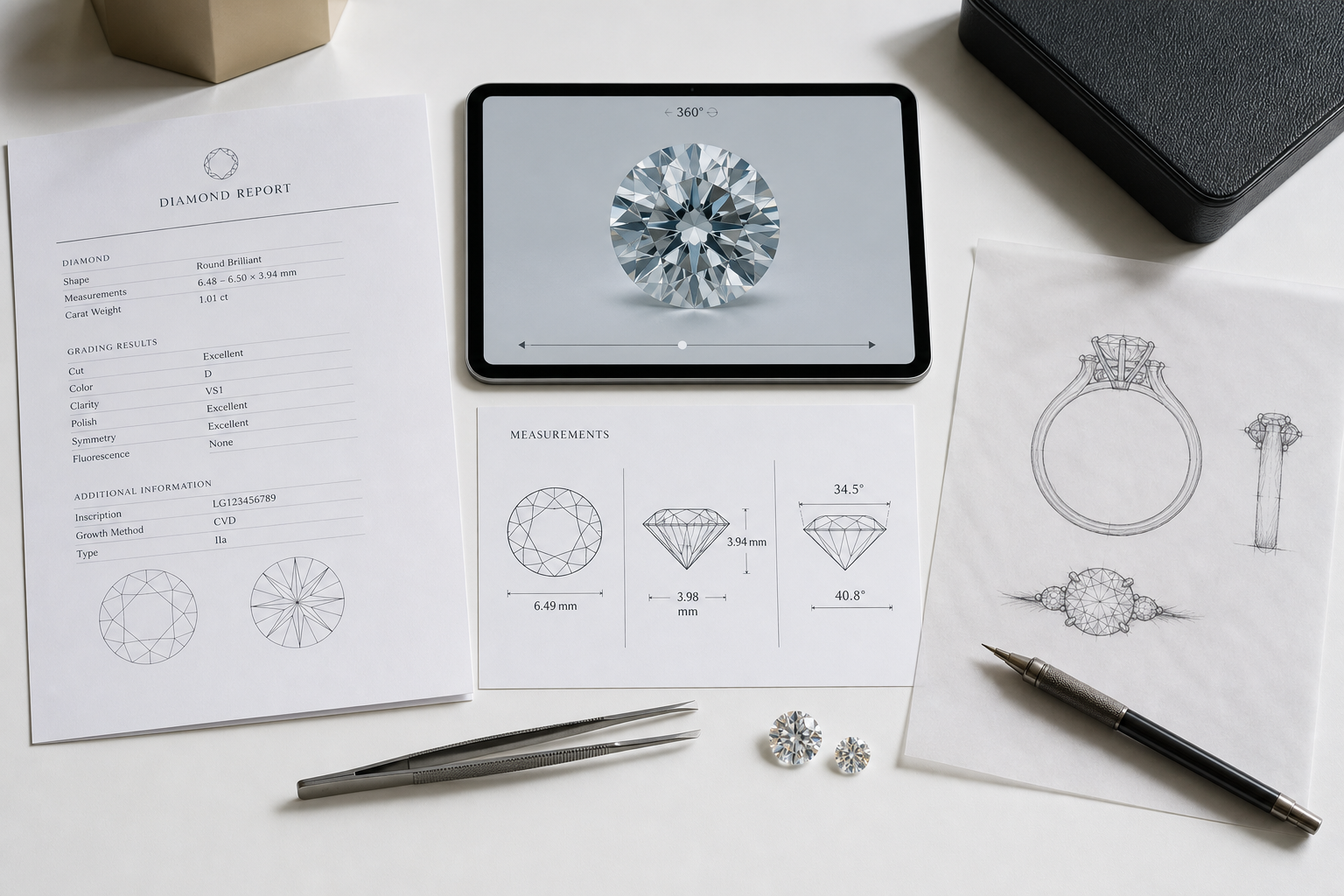 Buyer review checklist layout showing a diamond report, 360-degree video still, measurements, and setting sketch as the four visual evaluation checkpoints