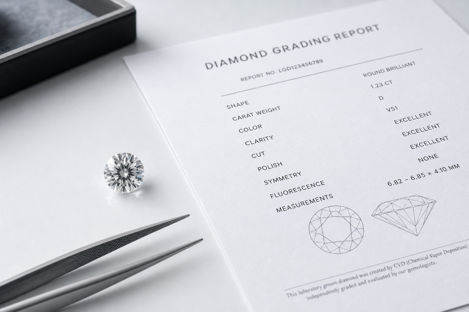 Close-up of a lab-grown diamond grading report beside a loose lab-grown diamond, with the report number and key grading fields visible but not showing private customer information