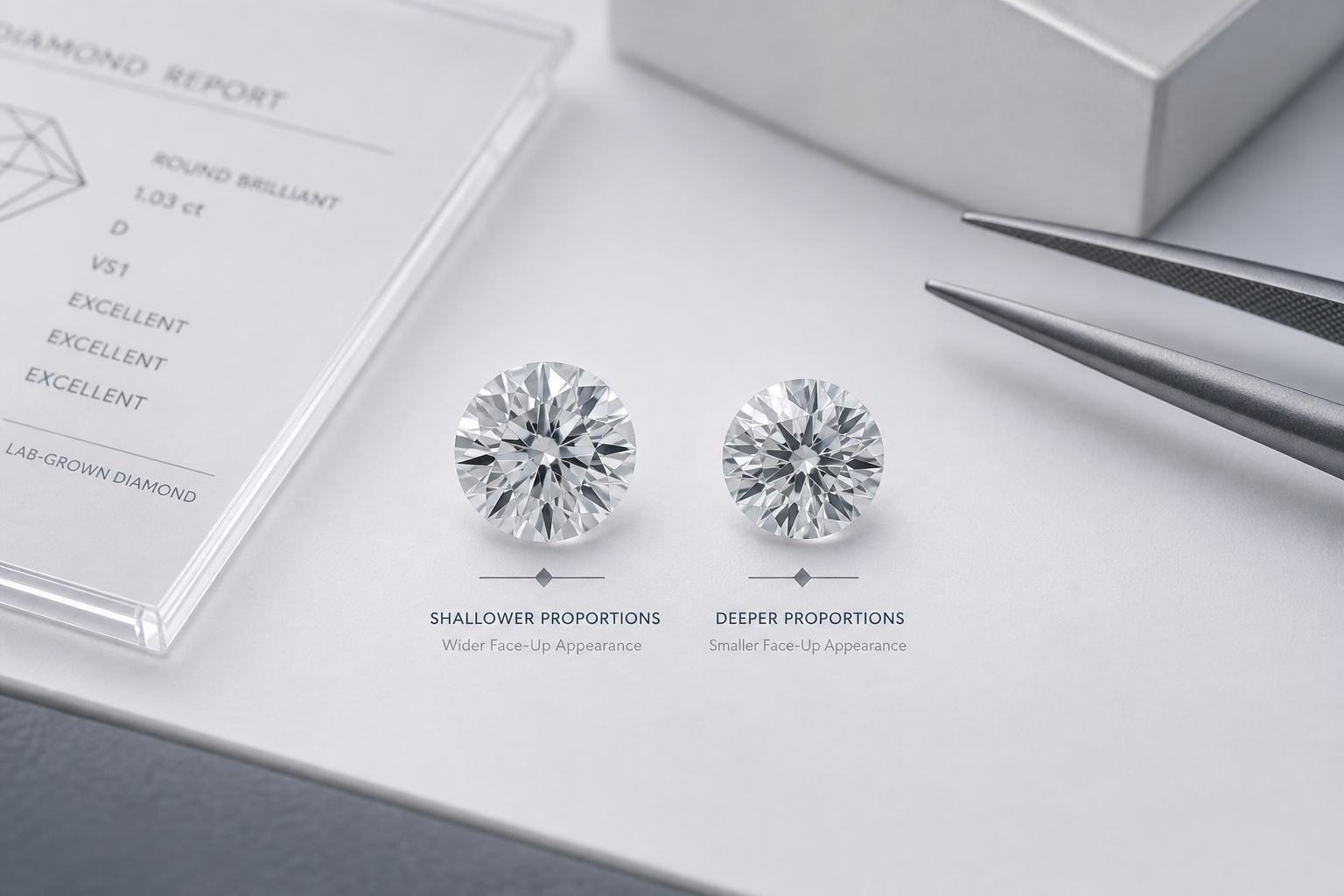 Side-by-side diagram of two round brilliant lab-grown diamonds with similar carat weight but different depth and table proportions, showing how proportions can affect face-up appearance