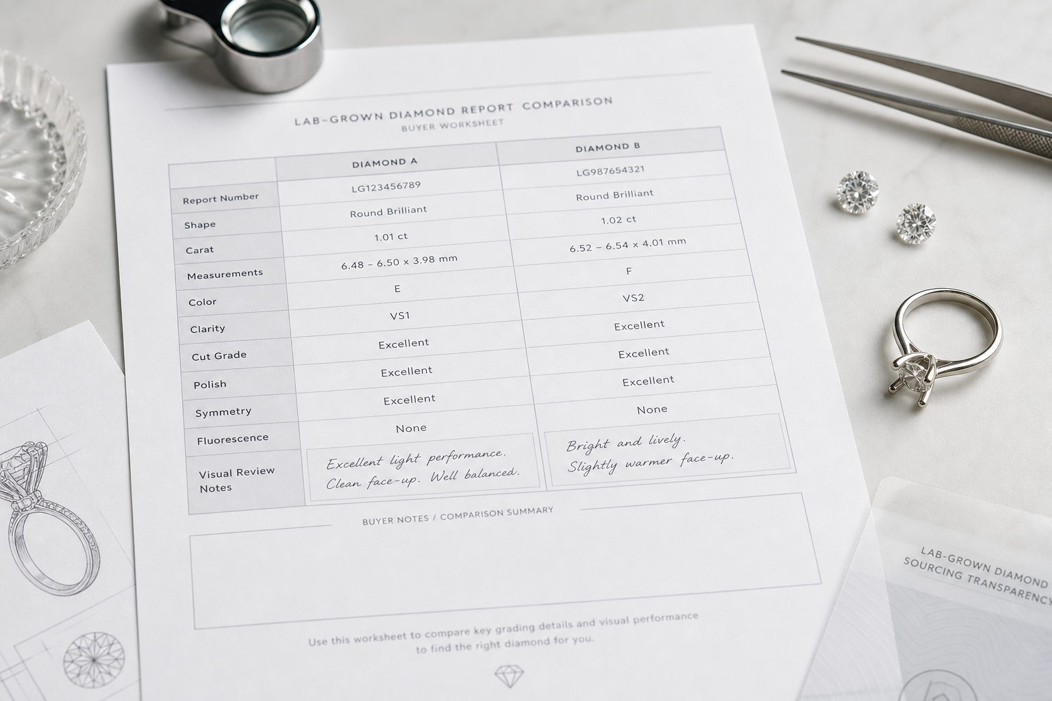 Buyer comparison worksheet showing two lab-grown diamond reports side by side with fields for report number, carat, measurements, color, clarity, cut, polish, symmetry, and visual review notes