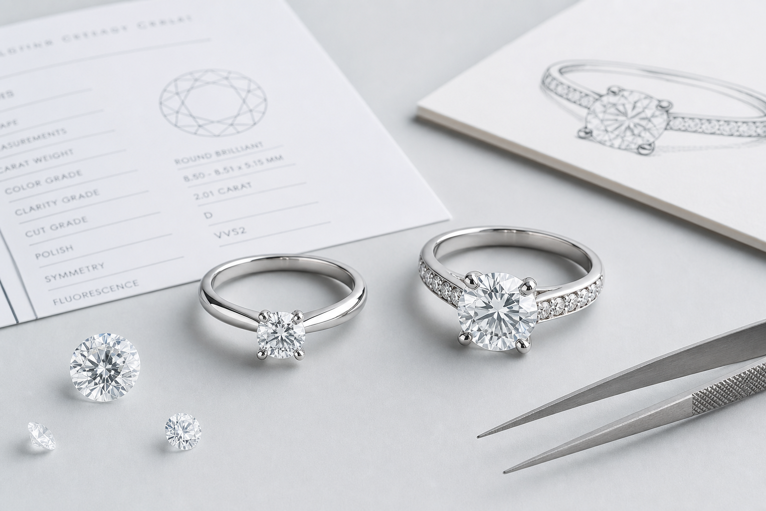 side-by-side engagement ring budget comparison showing how stone size and setting style change the final look