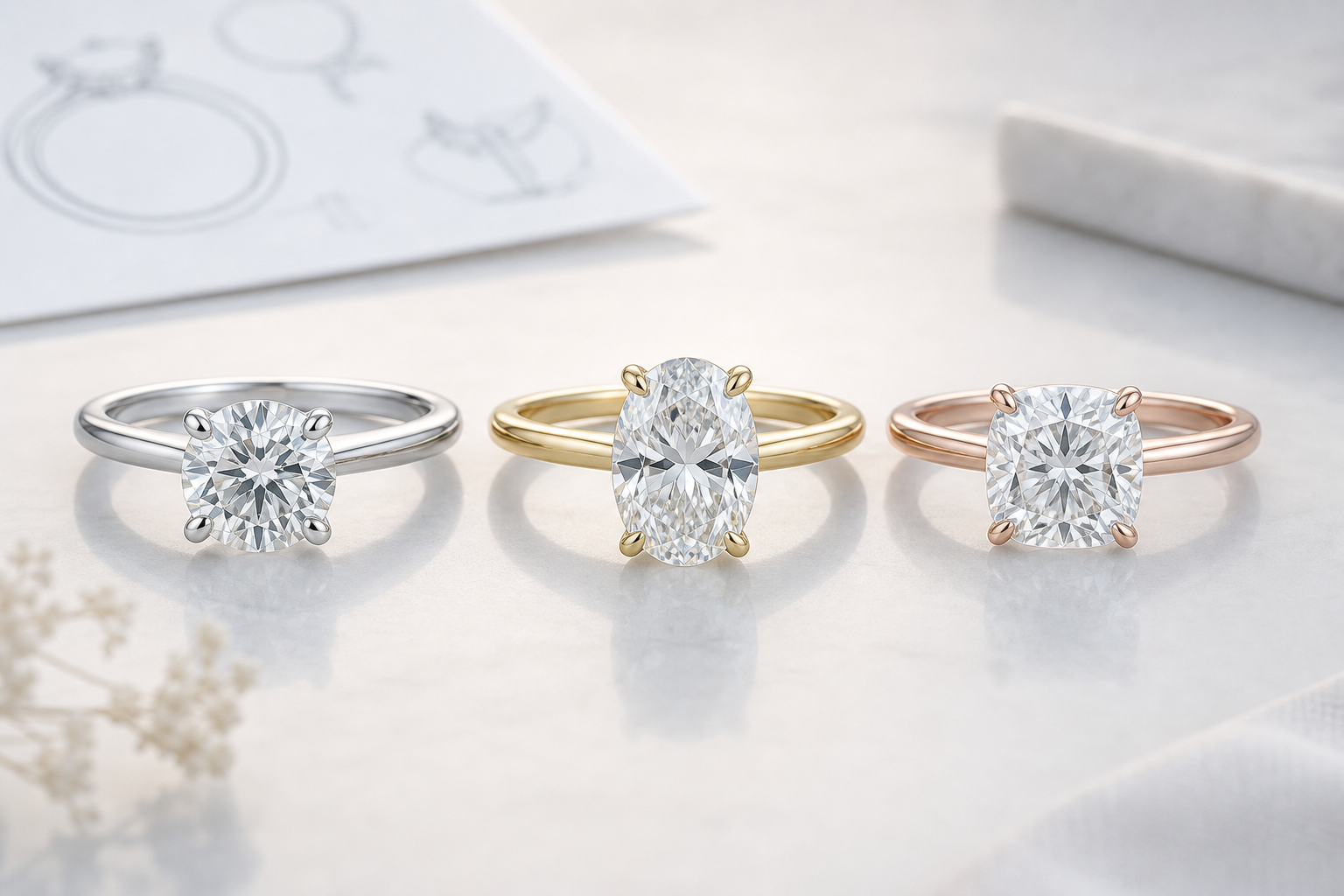 three engagement ring settings showing different center stone proportions, prong styles, and metal colors