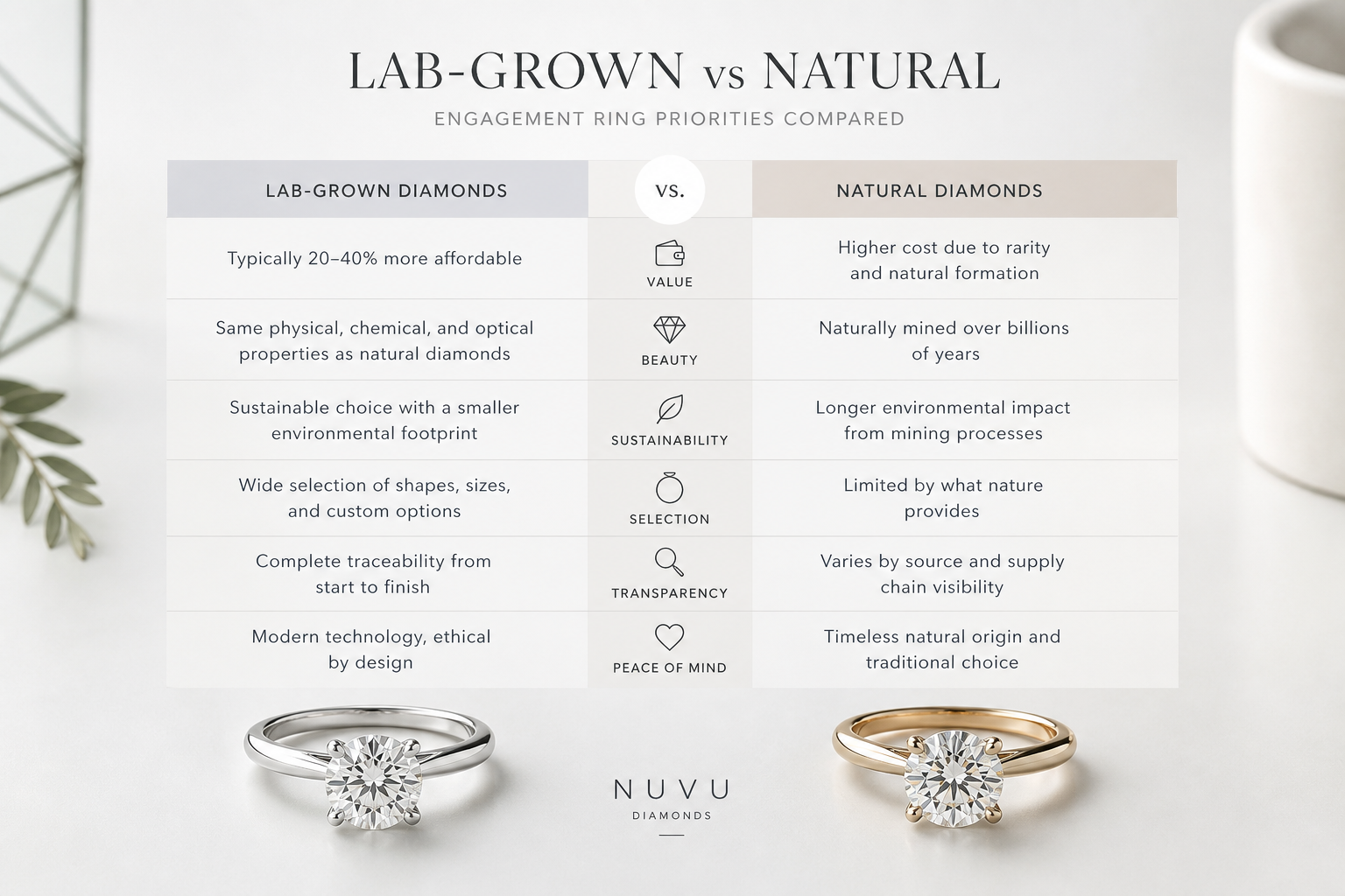comparison chart showing lab-grown and natural engagement ring priorities side by side
