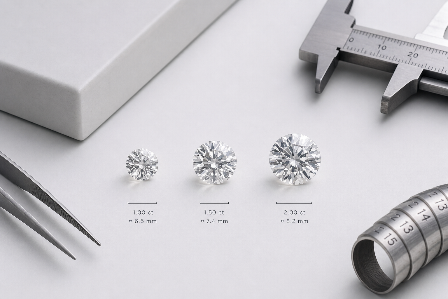 Side-by-side visual comparison of round lab-grown diamonds at approximately 1.00 ct, 1.50 ct, and 2.00 ct showing diameter differences in millimeters