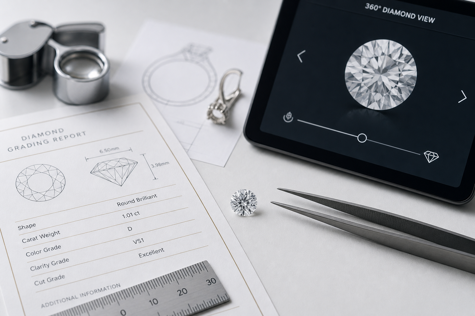 Close-up layout showing a lab-grown diamond, grading report, measurements, and 360-degree video review on a screen