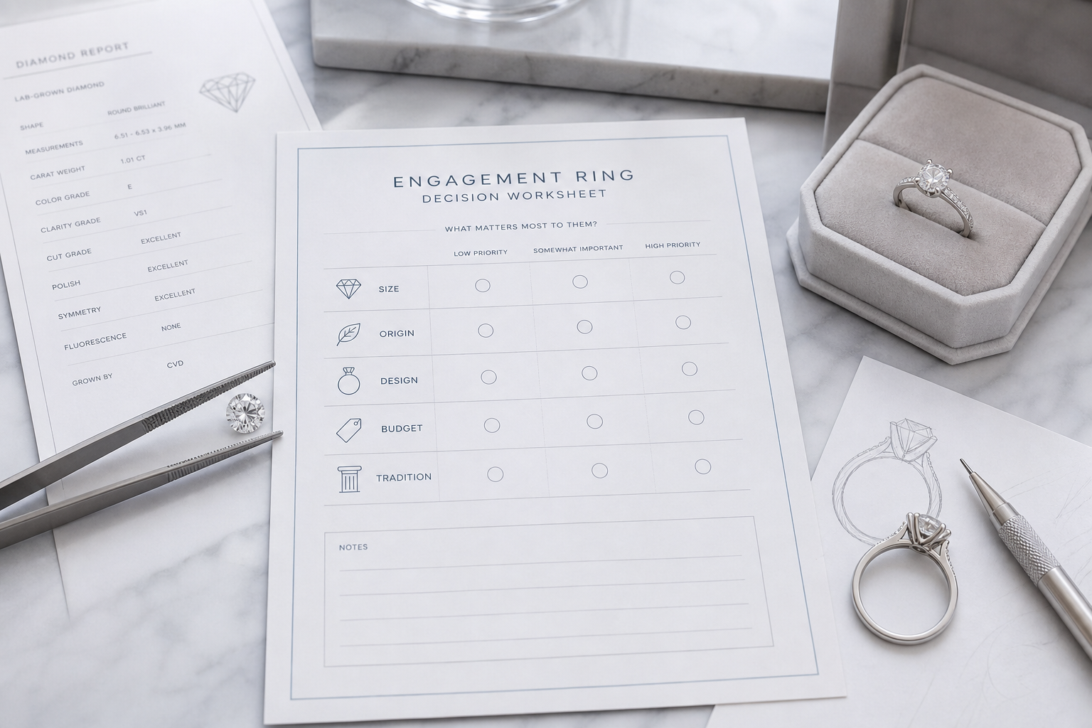 Engagement ring decision worksheet comparing recipient priorities such as size, origin, design, budget, and tradition