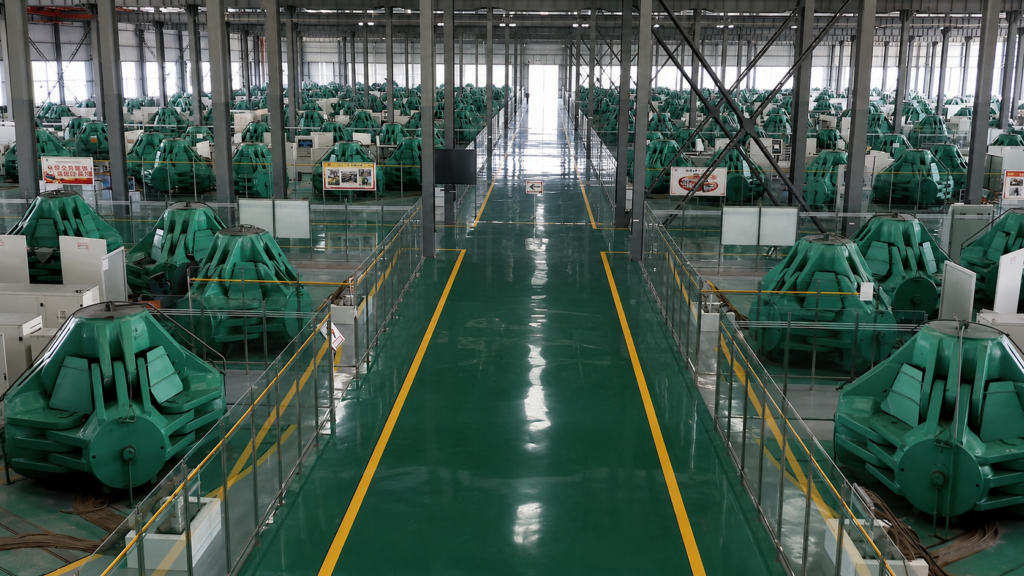 Industrial workshop with rows of diamond production equipment
