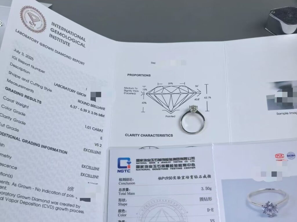 IGI lab-grown diamond report and NGTC jewelry testing document beside a ring