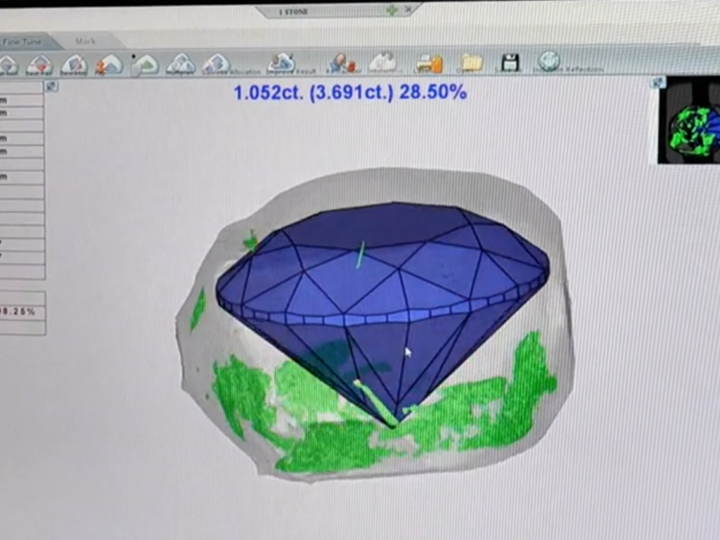 Diamond planning software showing a polished-stone model and yield estimate
